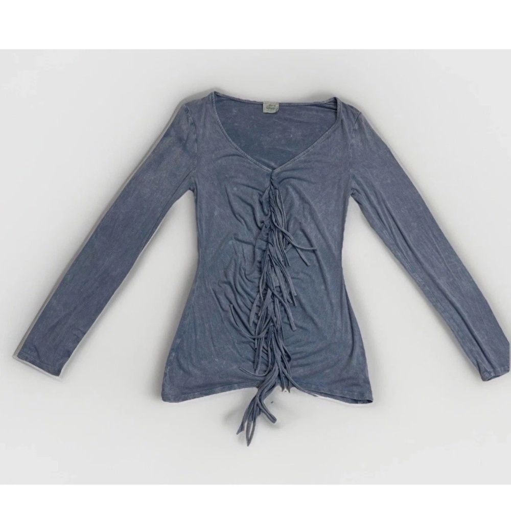 Women's Boutique Top Long Sleeve Blue Fringe V Neck Size Small